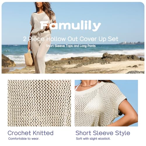 Famulily Womens 2 Piece Hollow Out Cover Up Set Crochet Knitted Outfits with Short Sleeve Tops and Long Pants4