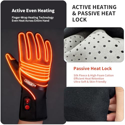 Origem Guanti Riscaldabili Moto Uomo Donna Ultrasottile, 6000mAh Batteria Ricaricabili, Invernali Termici Impermeabile Touchscreen Antiscivolo Riflettente Sottoguanti per Sci Bici Scooter Raynaud