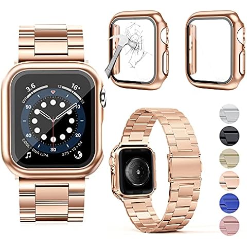 OMEE Compatible with Apple Watch Band 38mm with 2Pcs Case, Stainless Steel Metal Band Business Replacement iWatch Strap for Apple Watch Series 3/2/1 (38mm, Rose Gold) Cover