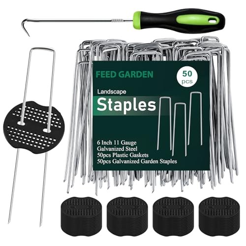 FEED GARDEN 6 Inch 50 Pcs Galvanized Landscape Staples 50 Pcs Gaskets Pick Hook Garden Stakes 11 Gauge Anti-Rust Landscaping Fabric SOD Pins U Shaped Yard Turf Stakes for Weed Barrier Fabric