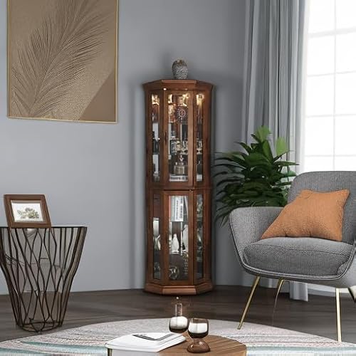 Goujxcy Lighted Corner Display Curio Cabinet Wooden Curved Shelving Unit with Adjustable Shelves and Mirrored Back Panel, Tempered Glass Doors for Bedroom, Living Room(Walnut, Corner Shape) - Thumbnail 6
