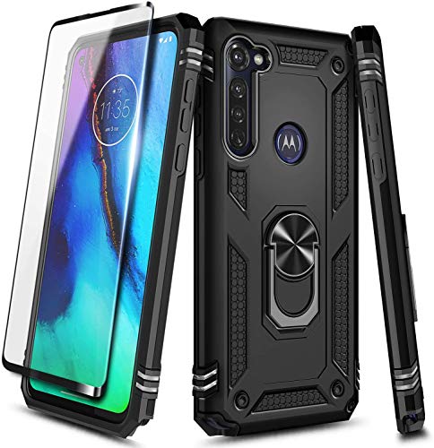 E-Began Moto G Stylus Case with Tempered Glass Screen Protector, Metal Magnetic Ring Holder, Full-Body Protective Military Armor Phone Case for Motorola G Stylus/Moto G Pro (2020) -Black