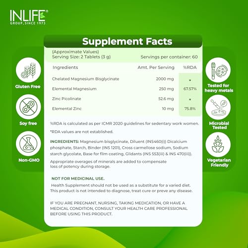Image of INLIFE Magnesium Glycinate Unbuffered 2000mg with Zinc, Chelated Bisglycinate, Muscle Sleep & Nerve Health, Men Women (60 Tablets)
