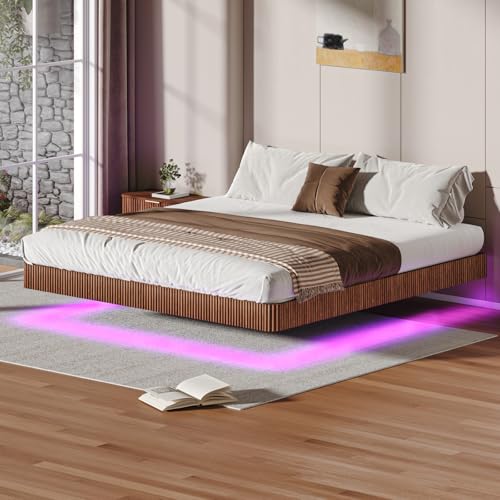 WDYLWFHW Floating Bed Frame King Without Headboard, Minimalist Low Profile Japanese Style Metal Platform Bed with LED Lights, Sturdy Slats Support, No Box Spring Needed(Walnut, King)