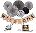 Wild One Birthday Decorations Black | First Birthday Party Supplies | Burlap Wild One Banner with Gold Crown | 'Wild One' Gold Glittered Hat / Crown | Black and White Paper Fans | Black Wild One Cake Topper for Baby Girl/Boy