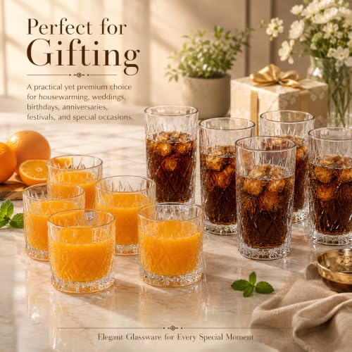 Image of bellemax 320ML & 210ML Checks and Leaf Design Water & Juice Glasses | Premium Drinking Glasses Combo for Home, Kitchen, Dining, Parties & Restaurants | Glass Tumbler Set Set of 12