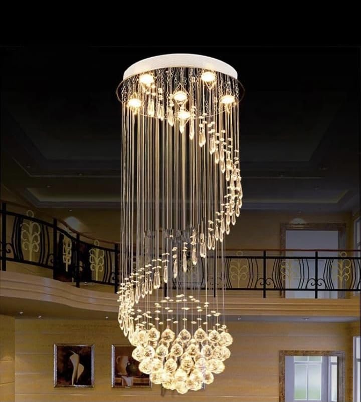 Image of Sanleen Modern Contemporary K9 Crystal Glass Double Height Chandelier Ceiling Lighting Lamp (Design 5) | 2 Ft Width x 8 Ft Height Luxury Staircase Chandelier for Duplex, Foyer, Lobby & Villa Decor