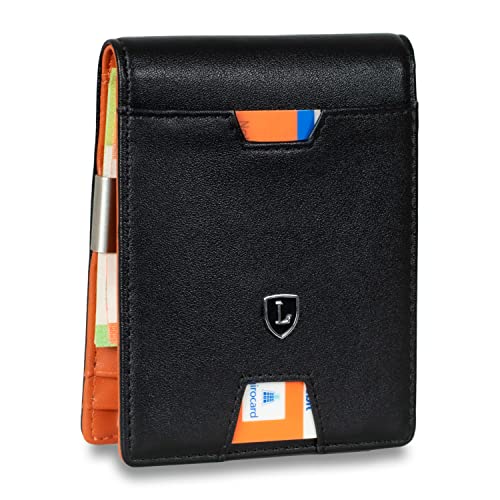 Lederhand® iSlim XL - Nappa Leder Geldbeutel mit Geldklammer und Münzfach, 13 Kartenfach + 1 Sichtfenster Premium Geldbörse - Slim Wallet mit RFID NFC Schutz - Farbe | (Schwarz/Orange)