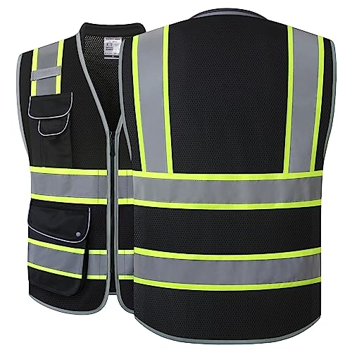Image of JKSafety 9 Pockets Hi-Vis Black Safety Vest for Men Women High Visibility Reflective Construction Mesh Fabric Cushioned Collar Work Utility PPE Work Gear ANSI /ISEA compliant(101-Black XXL)