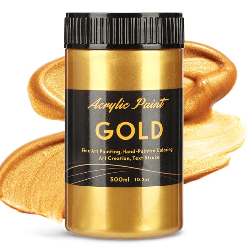 Image of 300ml Gold Metallic Acrylic Paint, Non Toxic Waterproof Gold Metallic Acrylic Paint for Fabric, Leather, Ceramic, Canvas, Rocks, Metal, Plastic, Glass