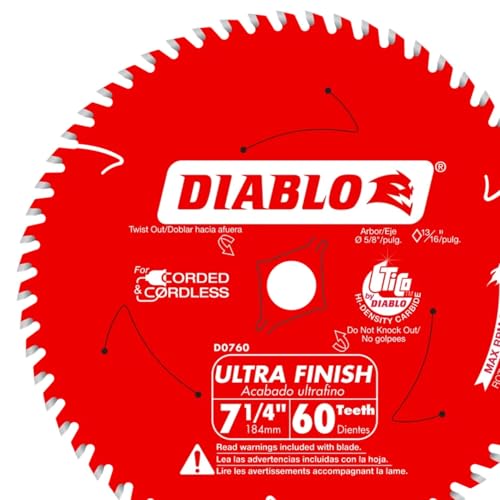 Image of Diablo Ultra Finish Carbide Circular Saw Blade - Ideal for Crosscuts and Rip Cuts in Wood and Plywood - 7-1 /4 inch Diameter, 60 ATB Teeth, 8,000 Max RPM - D0760X