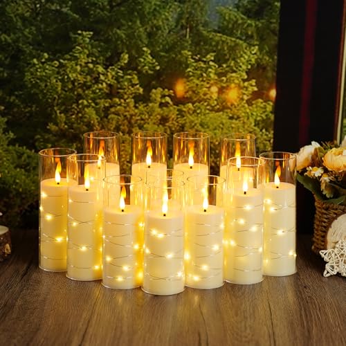 Image of Sasigeiaa Flameless Candles with Embedded Star String - Battery Operated LED Candles, with Remote,12 Ivory Flickering Candles for Christmas, Weddings, Home Decor & Party,(D 2.3 inchxH 5 inch 6 inch 7 inch)