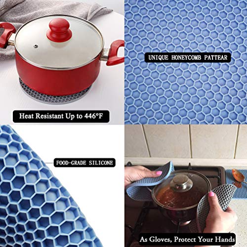 Image of Trivets for Hot Dishes, 4 Pack Silicone Hot Pads for Kitchen, Non-Slip Heat Resistant Silicone Mat for Countertops, Spoon Rest, Multipurpose Food Grade Thick Trivet(Gray& Blue) Pot Holders