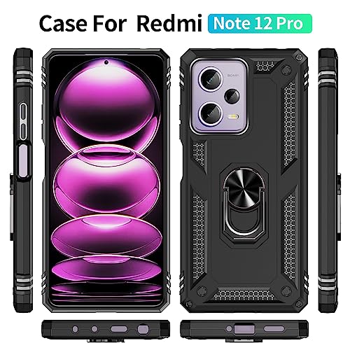 Image of ShieldTech Back Cover for Redmi Note 12 Pro 5G | Rugged Armor Case with Ring Stand | 360 Protection | Shockproof | Camera & Screen Guard (PC, Black)
