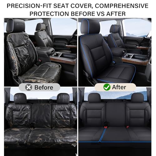 Image of Coverado Silverado Seat Covers Full Set, Faux Leather Car Seat Covers Fit for Chevy Silverado GMC Sierra 2007-2013 & 2019-2026 1500, 2020-2026 2500HD 3500HD Crew Double Extended Cab(Blueline)