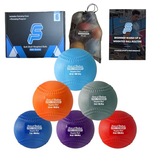 Soft Shell Weighted Balls with Seams | 3.5oz, 5oz, 7oz, 14oz, 21oz, 32oz| Pitching & Velocity Training for Baseball | Throwing Program & Carry Bag Included