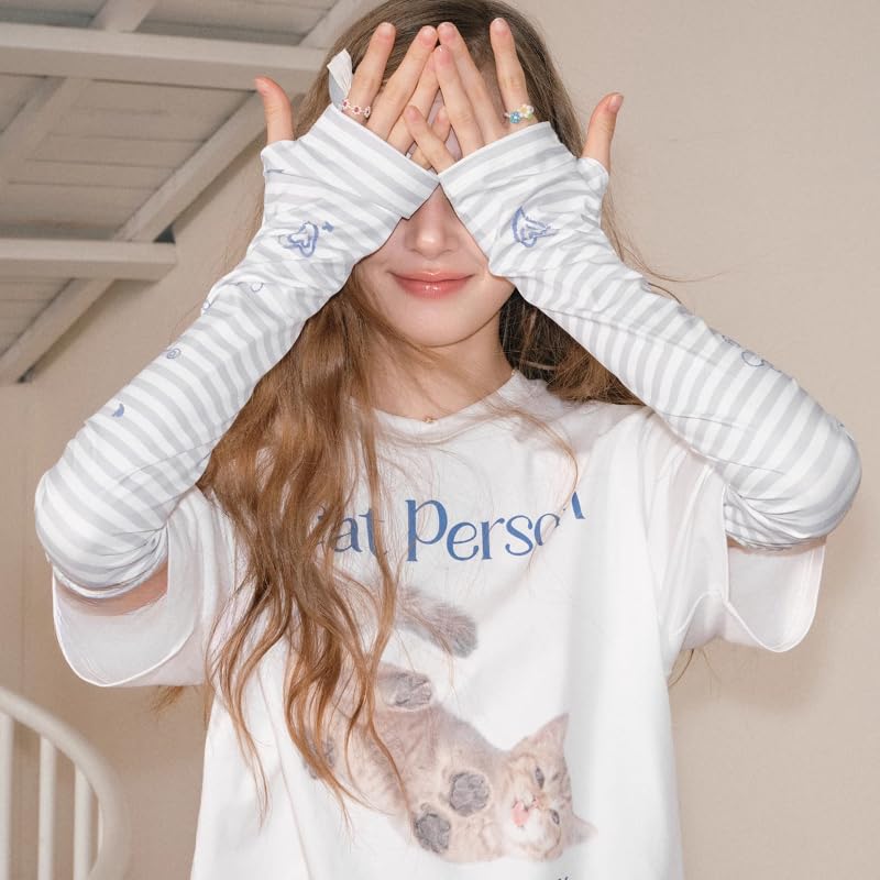 Ice cold~ Original hand-painted essential sunscreen when going out Ice sleeves Driving and cycling UV protection Sleeves Light gray + purple stripes * 1 pair2