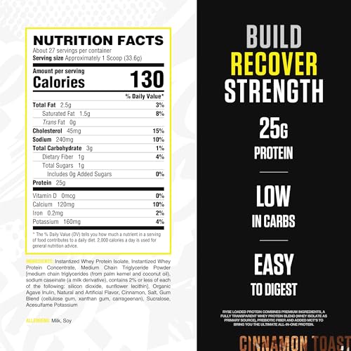 Image of RYSE Loaded Protein Powder - Cinnamon Toast - 25g Whey Protein Isolate & Concentrate with Prebiotic Fiber & MCTs - Low Carb, Low Sugar, Digestive-Friendly - 20 Servings / 1.5 lb Tub