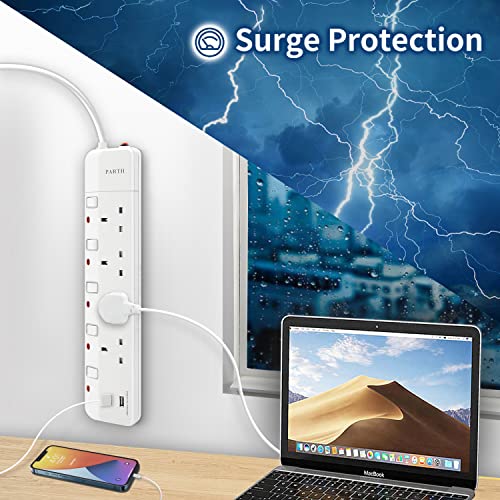 PARTH 3m Extension Lead with USB Slots Surge Protected - 3 Meter Extra Long Cords Extension Cable 4 Way Socket Surge Protection - Wall Mounted UK Plug - Multi Plugs Power Strip with Switches - Image 4