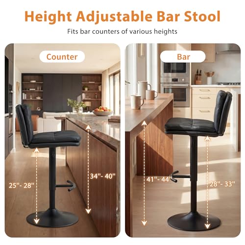 DRMBOOK Taburetes de Bar de Doble Capa, Tapizados Modernos para Barra de Altura Ajustable, Giratorios con Reposapiés, Sillas Altas para Isla de Cocina (Cuero PU Negro, Set de 3) miniatura 4