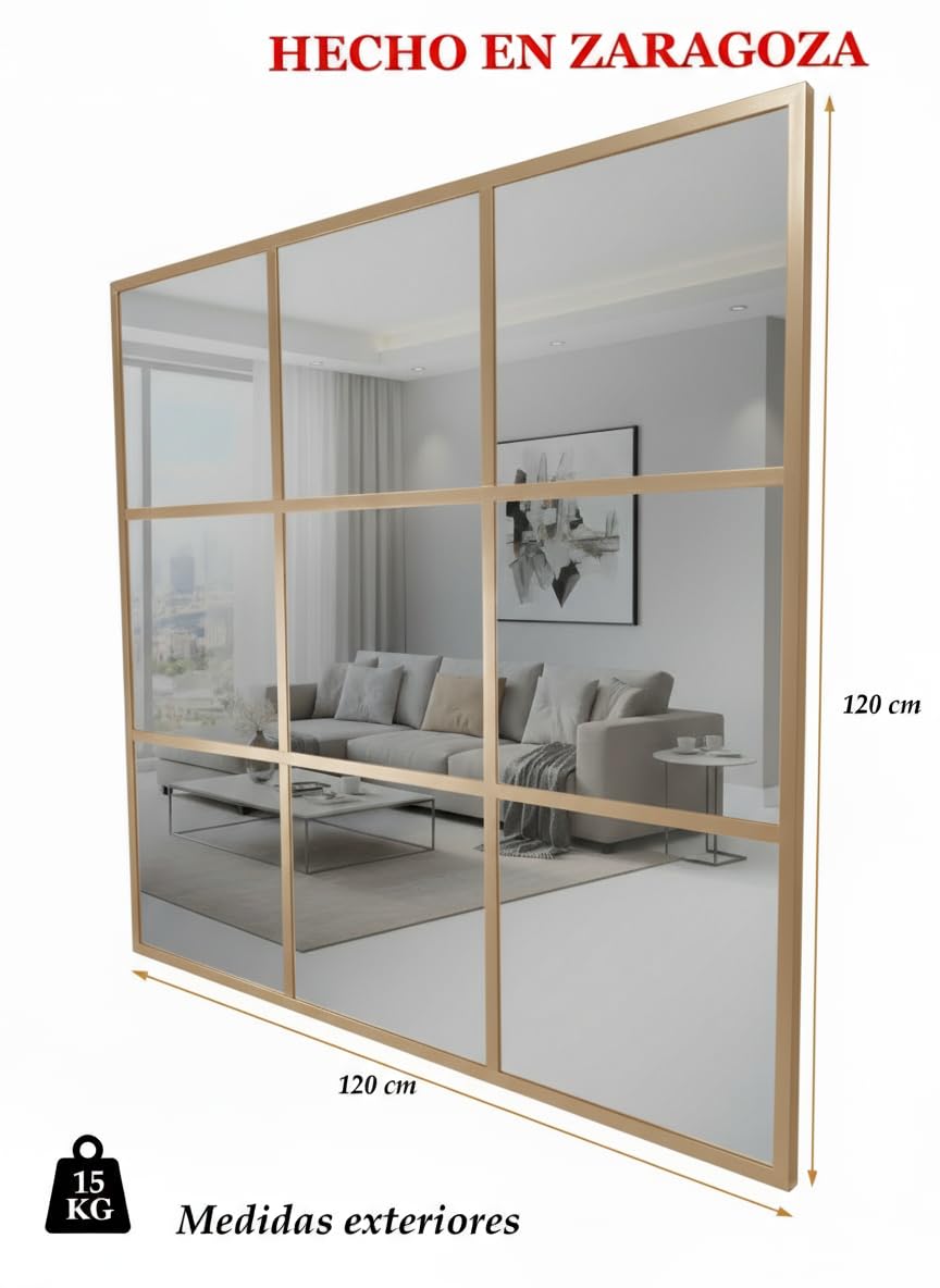 THEROSE Espejo Ventana Industrial, Espejo Salon Pared Decorativo, Aluminio 120 x 120 cm (Dorado)