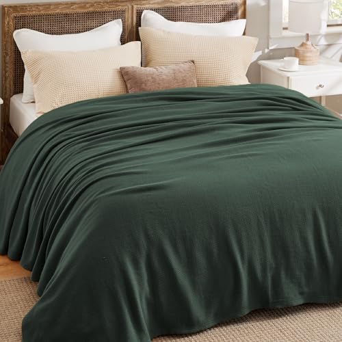 Image of Bedsure 100% Cotton Blanket, Herringbone Weave, Oversized King, Dark Green