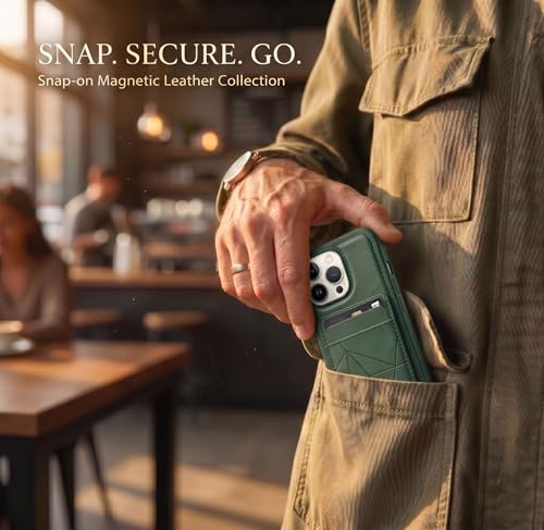 Image of amazon basics Premium Vegan Leather Back Cover with Card Holder and Integrated Mobile Stand for iPhone 16 Pro Max - Slim Shockproof Wallet Case with Geometric Stitching [Green]