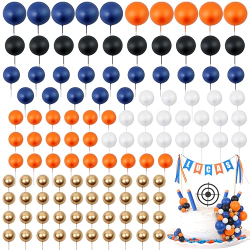 Acmee 115 PCS Ball Cake Toppers - Mini Balloon Cake Decorations Navy Blue Orange White Gold Foam Ball Cupcake Picks DIY Cake Insert Toppers for Baby Shower Birthday Party Wedding
