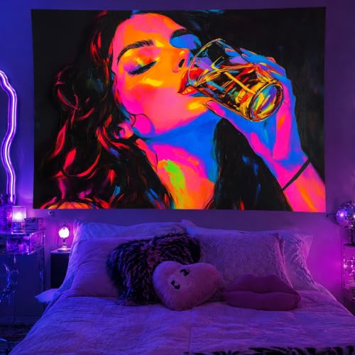 Image of BlissYard Cool Girl Anime Wall Tapestry Aesthetic 78x59 Inch Blacklight Tapestry Bedroom UV Reactive Purple Tapestries Glow In The Dark Art Wall Hanging Poster Room Bedroom Party Backdrop Decor