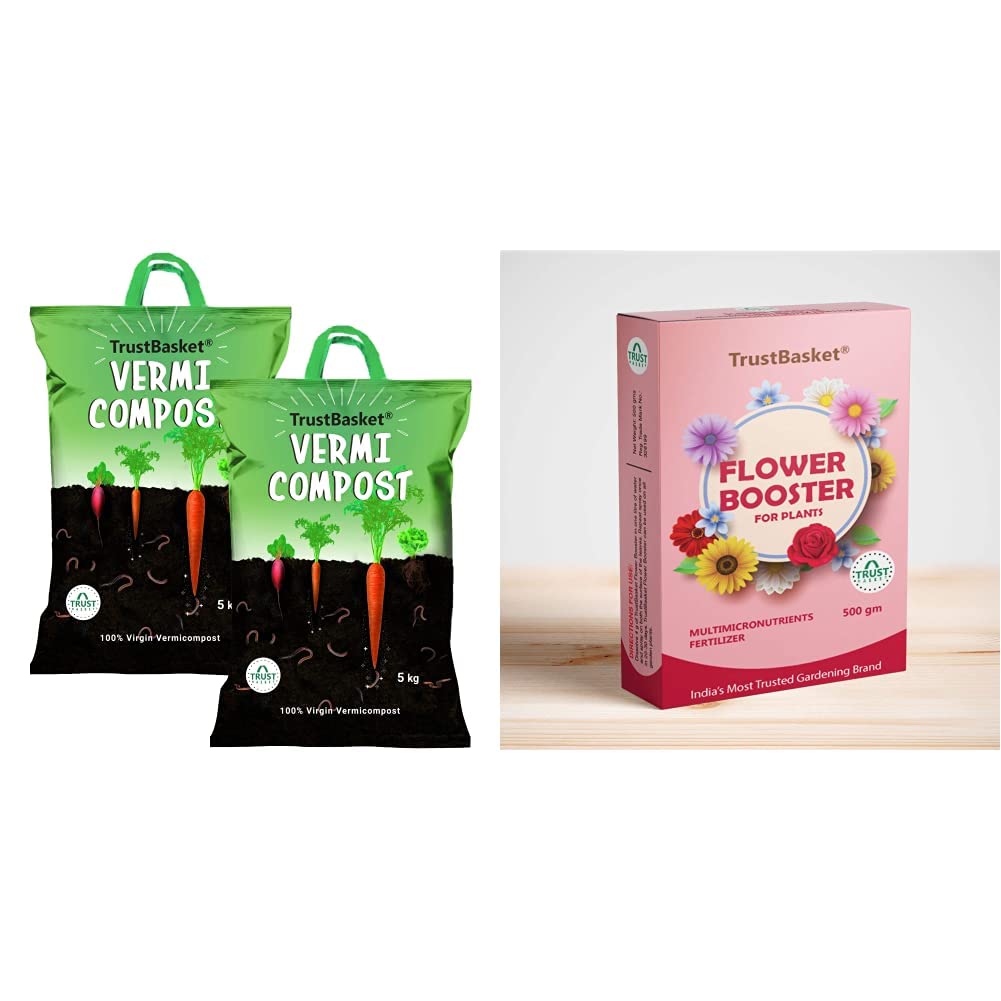 Trust Basket Organic Vermicompost Fertilizer Manure for Plants - 10 KG & Flower Booster - 500 Gram Provides All Essential Multi Micro nutrients for All Flowering Combo