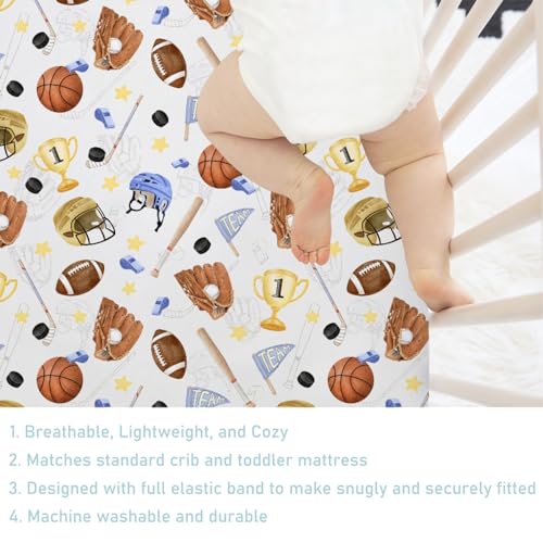 Image of Baby Sports Crib Sheet 52''x28'' American Football Baseball Basketball Stretchy Fitted Mattress Cover for Boy Girl Sports Lovers Gift Soft Sheets for Standard Toddler Mattress