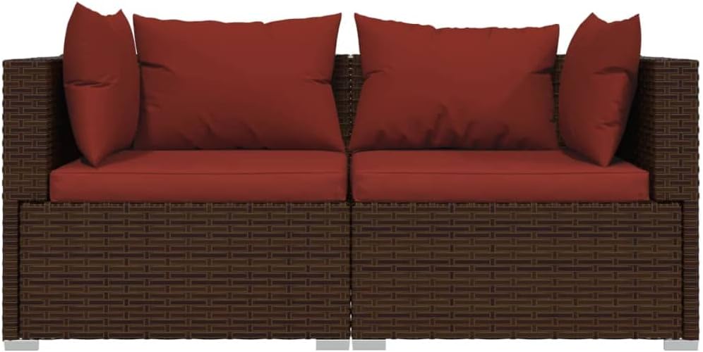 vidaXL 2-Seater Sofa Brown Poly Rattan with Cinnamon Red Cushions