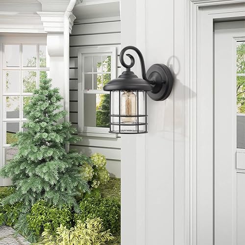 Image of MICSIU Narrow 5.5 inch Wide Black Single Porch Light, 9.8 inch H Modern Farmhouse | Seedy Glass Outside Fixture, Vintage Round Outdoor Wall Sconce For Small Sidelight, Front Door, Garage