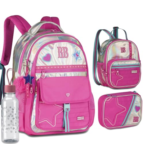 Kit Mochila Escolar Rebecca Bonbon RB 27021 Holográfica Rosa com Lancheira, Estojo box e Garrafinha coleção 2026