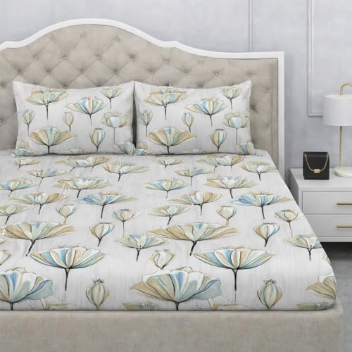 Image of 300 TC Cotton Feel Glace Cotton Elastic Fitted Bedsheet for King Size Double Bed | Fits up to 8 Inch Mattress | Printed Bedsheet with 2 Pillow Covers (White Flower, Queen Size - 60 inchx78 inch)