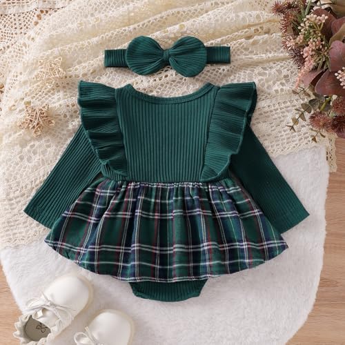 Baby Girl Fall Winter Romper Dress Christmas Outfit Pearl Print Ribbed Bodysuit Plaid Skirt Infant Girl Clothes3