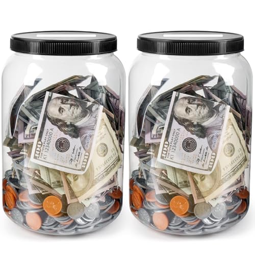 Mczxon 2 Pack Clear Large Piggy Bank with Slotted Lid, 4/5 Gallon Plastic Money Saving Jar Bank Box...