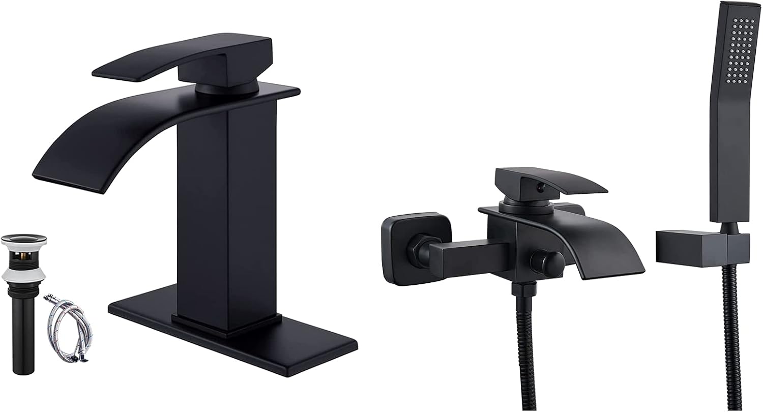 Midanya Matte Black Bathroom Sink Faucet Waterfall Spout Single Handle Matching with Matte Black Wall Mount Bathtub Faucet with Handheld Spray Waterfall Tub Filler Single Handle Bathroom