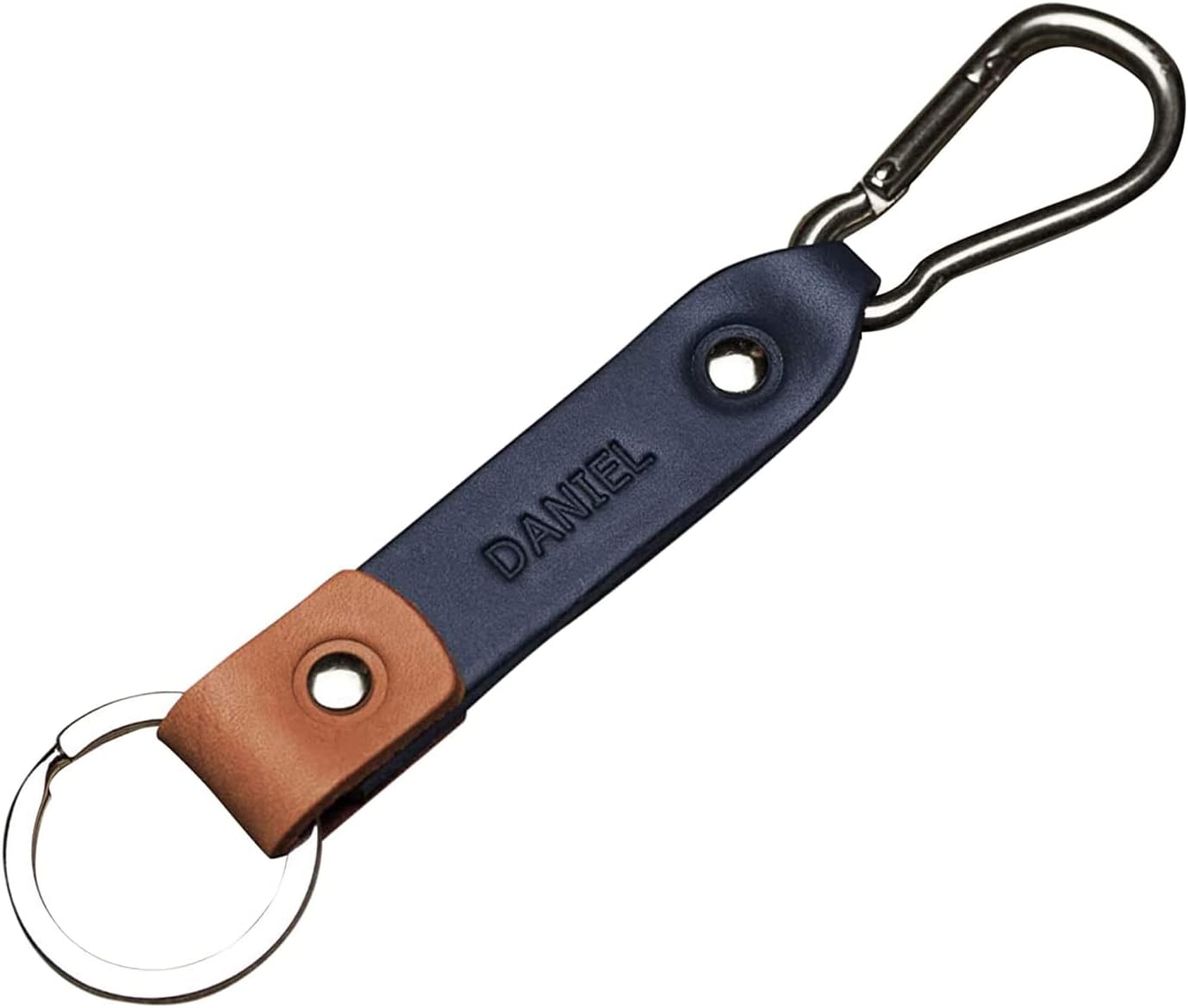 Blue and orange leather key chain, stainless steel carabiner hook, custom text, initials ring, monogrammed keychain, boyfriend fob holder clip keyring engraved personalized groomsmen gift