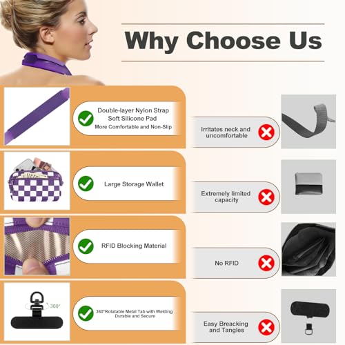 Image of YFWE Clip and Go Strap for Phone with Wallet Crossbody, Adjustable Phone Lanyard with Detachable RFID Wristlet Wallet, Phone Strap with Phone Tabs for All Phones, Purple Checkered (L)