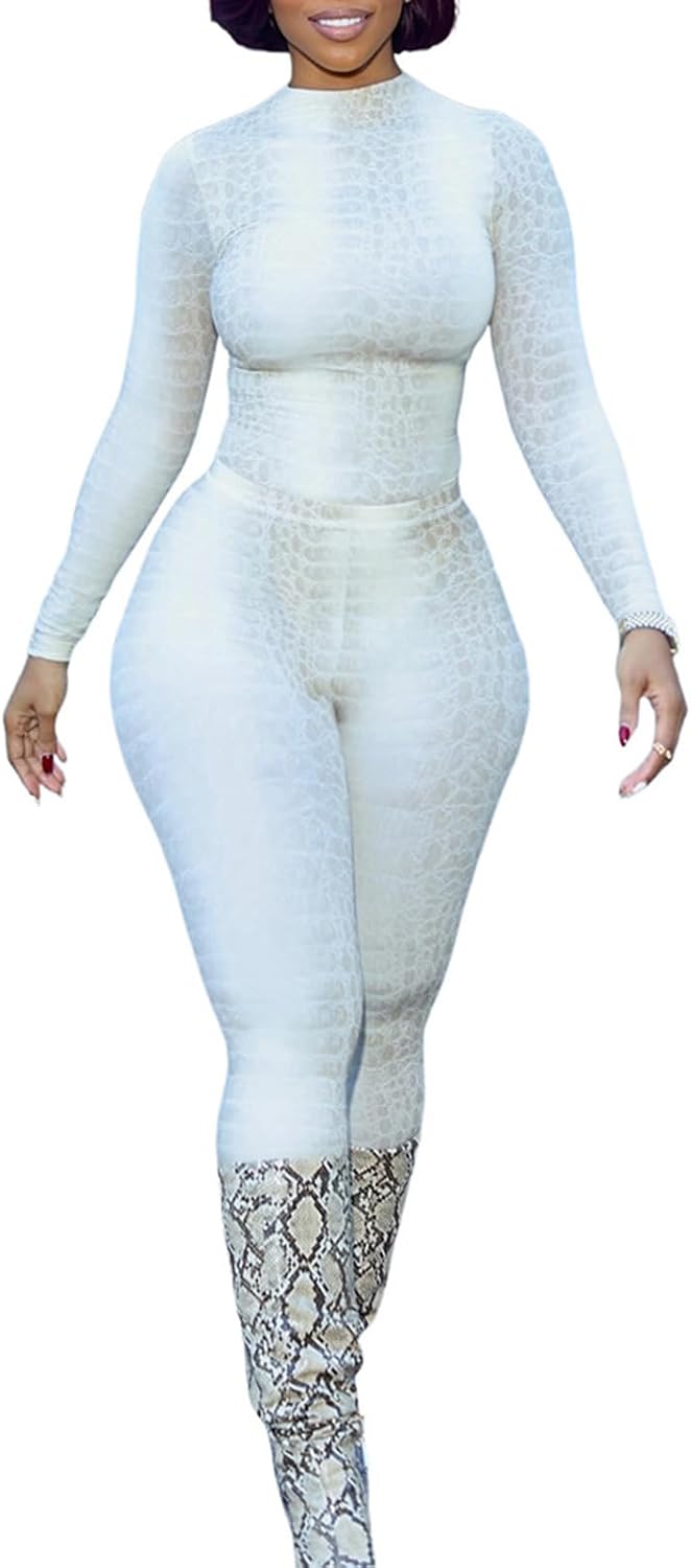 Womens Two Piece Set Long Sleeve High Neck Top Bodycon Leopard Print Pants Set Party Club Outfits Streetwear