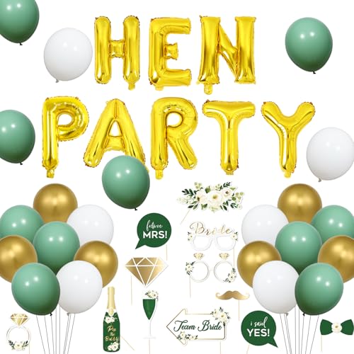Hen Party Decoration Sage Green - Bridal Photo Booth Props, Hen Party Foil Balloons, Green Gold and White Balloons for Bachelorette Party Bridal Shower Decorations