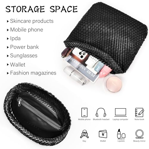 oscaurt Tragetasche für Damen, gewebte Ledertasche, gewebte Tragetasche, Damen-Handtaschen, Schultertaschen, Einkaufstasche, Top-Griff, Tasche mit Beutel, Geldbörse, Schwarz , Large