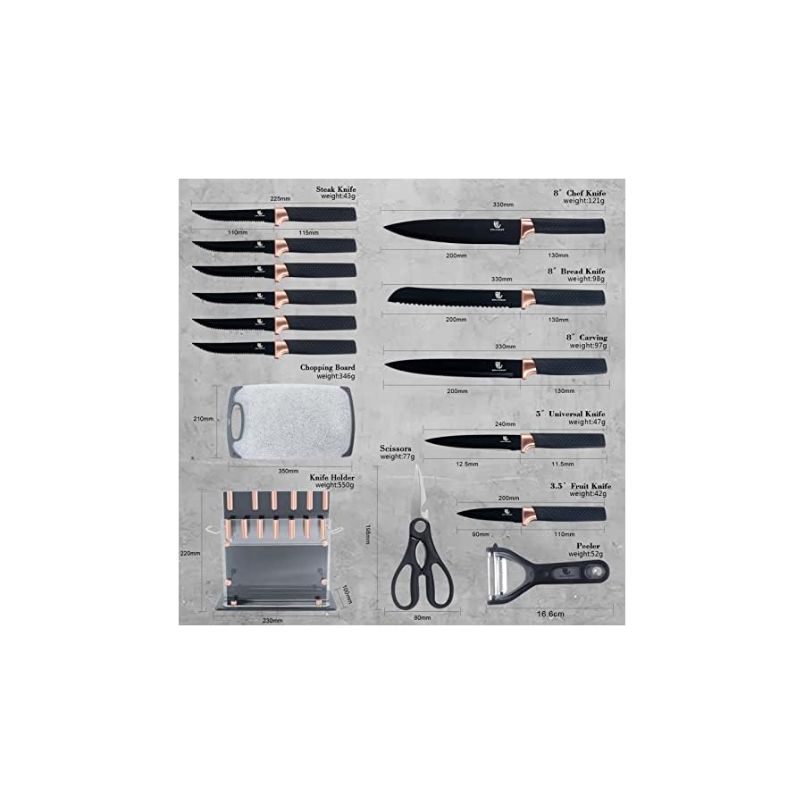 HL ZHUJIABAO Black Kitchen Knife Block Set with Cutting Board 15PCS Professional Sharp Chef Knife Set with Peeler & Scissor Cutlery Knives Set with Steak Knives as Gift