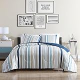 1888 Mills Twin Comforter Set, 2 Pieces Reversible (Solid and Stripe Print), All-Season Lightweight and Soft Bedding with Easy Care, 1 Comforter (86”x66”) and 1 Pillow Sham (20”x36”)
