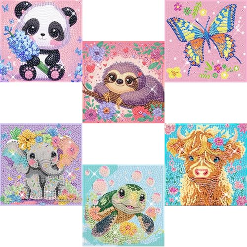 KINPLUB 6 Pack Diamond Art Kits for Kids Cartoon Animals 5D Diamond Art Kits for Kids Beginners Easy DIY Kids Mosaic Kits Children Gem Art Dots Crafts for Home Wall Decor 6X6 Inch