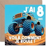 Stuff4 Ludique Carte d'anniversaire 8 Ans - Ambiance Dynamique - Monster Truck Coloré en Pleine Action sur Fond Bleu et Orange - 145 mm Carré, Enveloppe Incluse