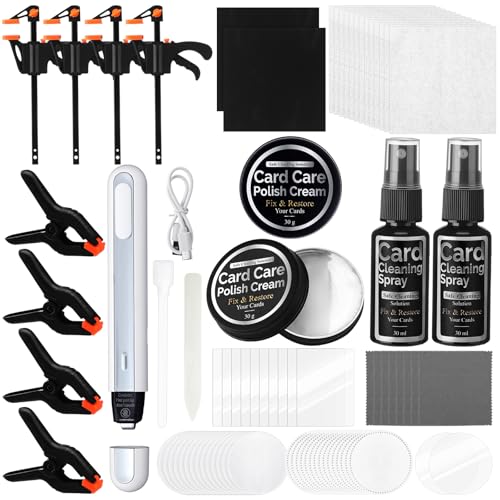 Grinsvalley 213 Pcs Card Cleaning Kit Sports Trade Card Flattening Tool Kit Cleaning Spray Polishing Paste Microfiber Cloth Acrylic Sheets Plastic Clamps Thermal Pen PC Sheets