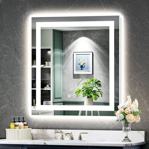 Image of 30x30 Inch LED Bathroom Mirror with Lights Front and Backlit Lighted Vanity Mirror for Bathroom Wall with 3 Colors Dimmable Anti-Fog Memory Shatter-Proof IP54 Waterproof Horizontal /Vertical