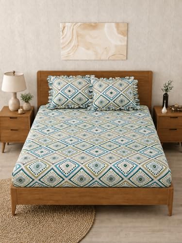 Image of 380 TC Premium Glace Cotton Elastic Fitted Bedsheet King Size with 2 Pillow Covers King Size | Double Bed with All Around Elastic (White Geometric, Fitted - Double72x72)